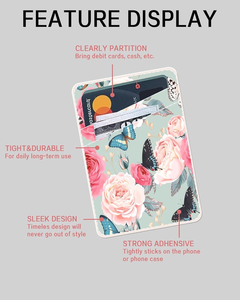 AOHRO Dual Pocket Leather Phone Wallet Adhesive Stick On, Cute Card Holder for Credit Cards, Compatible with Most Phones - Cute Rose Butterfly - Image 5